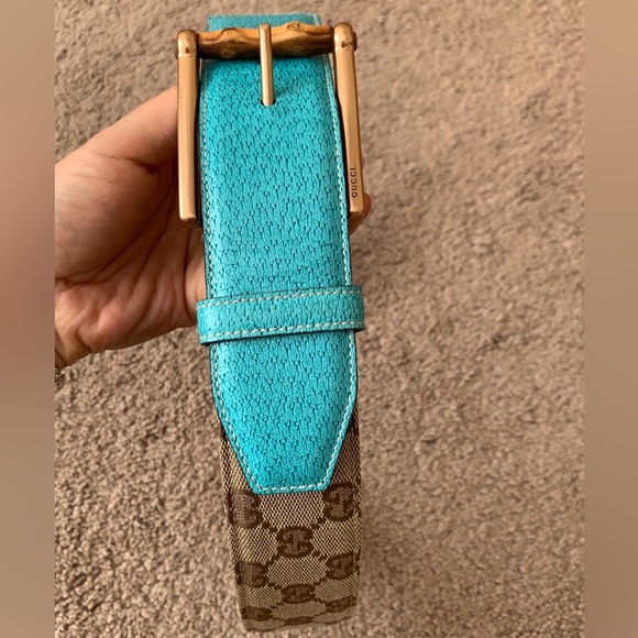 Authentic GUCCI women’s bamboo buckle blue leather and GG canvas belt - Picture 8 of 8